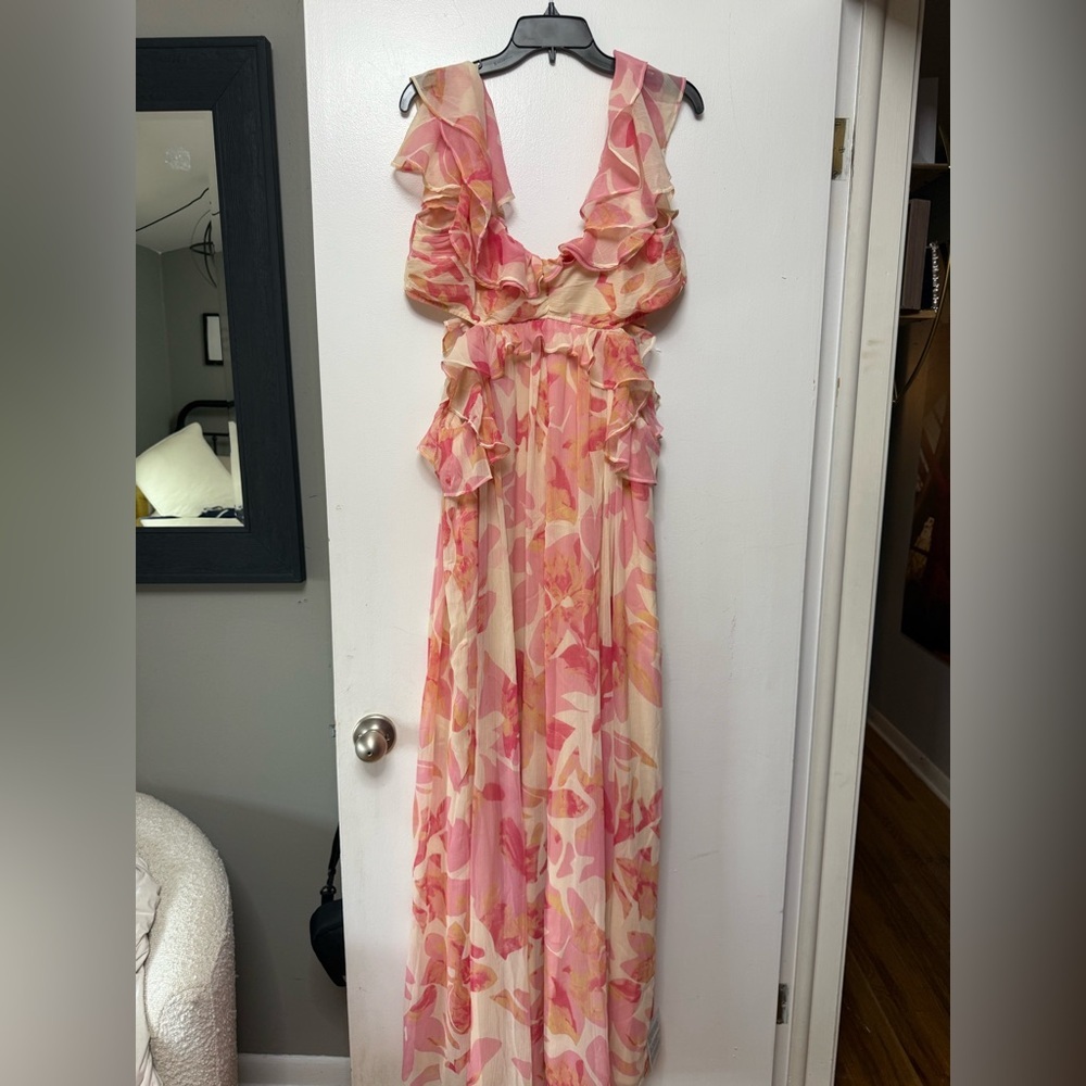 ASOS Pink and Cream Floral Ruffle Jumpsuit